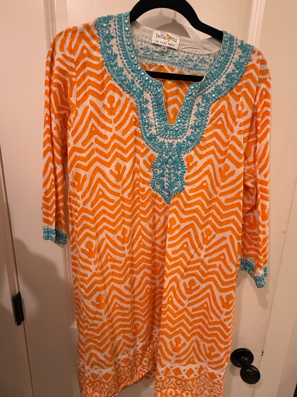 Bella Tu by Gopi Vaid Embroidered Orange Tunic Dress Size 10